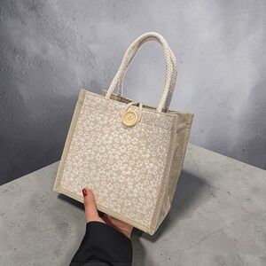 Neutral Floral Tote Bag with Button Accent